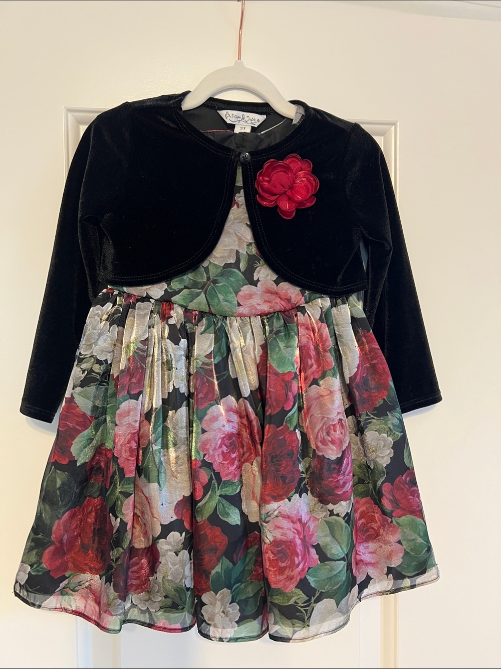 Pippa & Julie Black Velvet Cardigan with Red Floral Dress